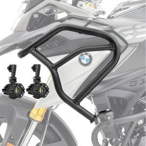 Sett med øvre kollisjonsbøyler + ekstra frontlykter egnet for BMW G 310 GS 17-24 tåkelys Motoguard HG17 svart