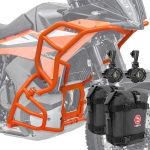 Sett med kollisjonsbøyler + ekstra frontlykter egnet for KTM 790 / 890 Adventure / R 23-24 SH26 + vesker Motoguard oransje