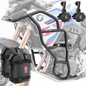 Sett med håndtak + ekstra frontlykter + håndtak bag egnet for BMW F 900 GS 2024 Motoguard KT48 svart