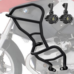 Sett med kollisjonsbøyler + ekstra frontlykter egnet for BMW R 1200 GS 04-07 tåkelys Motoguard KT59 svart