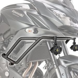 Set: Motorrad Sturzbügel passend für Kawasaki Versys 650 15-24 Schutzbügel Puig 7773N schwarz + Zusatzscheinwerfer DPL-SX22