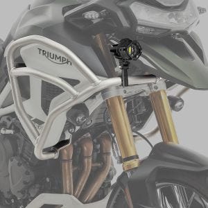 Set: Sturzbügel oben passend für Triumph Tiger 1200 GT / Pro 22-24 Verkleidungsschutzbügel Motoguard TG2 silber + Zusatzscheinwerfer DPL-SX22