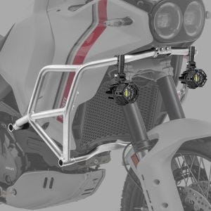 Set: Sturzbügel passend für Ducati DesertX 22-24 Motor Schutzbügel Motoguard MK13 silber + Zusatzscheinwerfer DPL-SX22