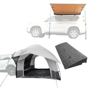 Bakre biltelt 1-2 personer ME64 grå + kantsteinsrampe BR22 100cm + markise egnet for bil / SUV / terrengkjøretøy 1,40m x 2m Vanit AM13 beige