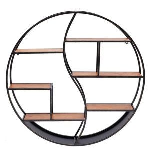 Vegghylle rund tre med metallramme Divit flytende hylle med 6 hyller 68cm diameter RE15 svart