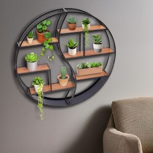 Vegghylle rund tre med metallramme Divit flytende hylle med 6 hyller 68cm diameter RE15 svart DPLI4