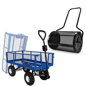 Sett hagespreder 75L + vippbar hagevogn 180 kg Divit SW16 kompostspreder og transportvogn